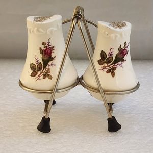 1960s Porcelain Salt & Pepper Shakers Roses with Metal Stand Holder